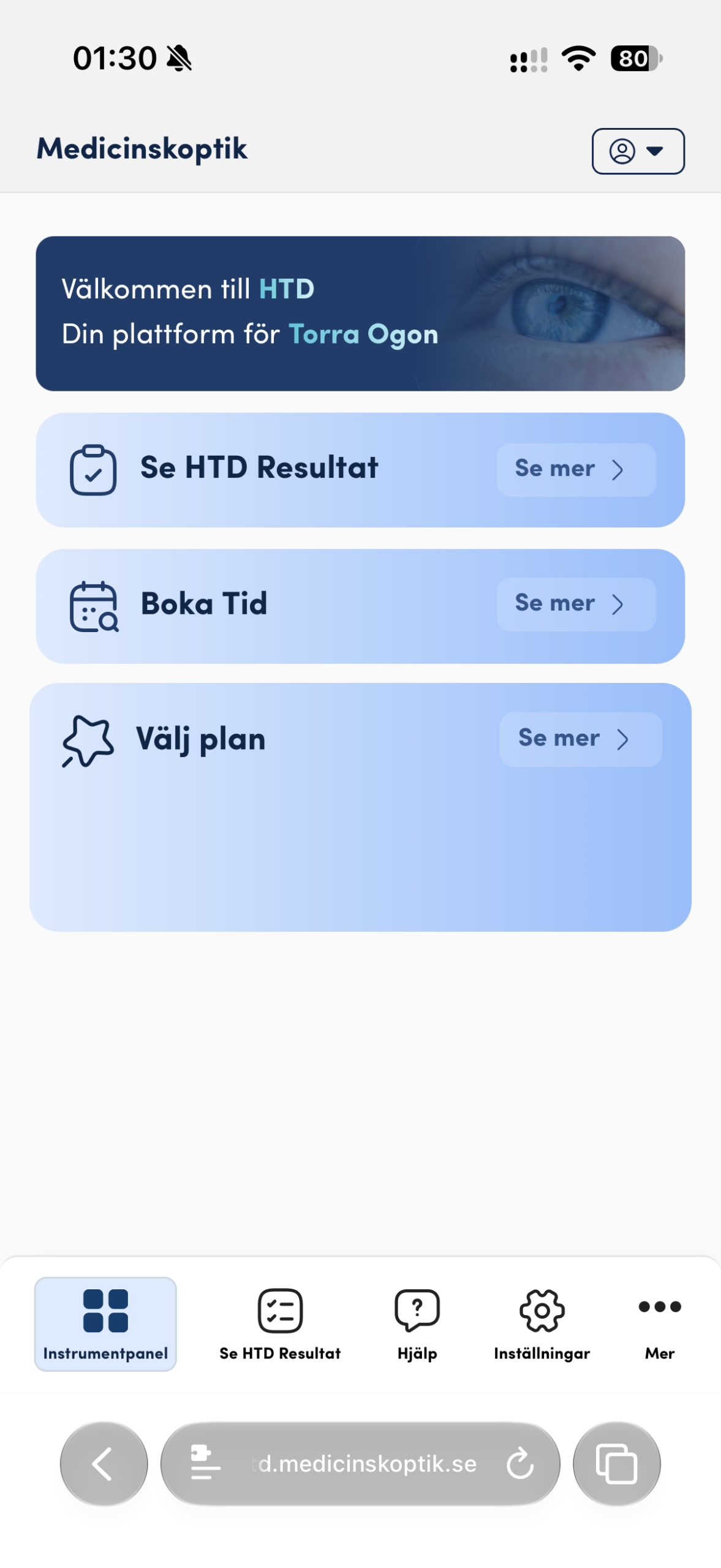 HTD:s instrumentpanel med resultat, tidsbokning och val av plan